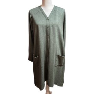 LOGO Lori Goldstein Button Duster Cardigan Stretch Long Sleeve Green Size Large